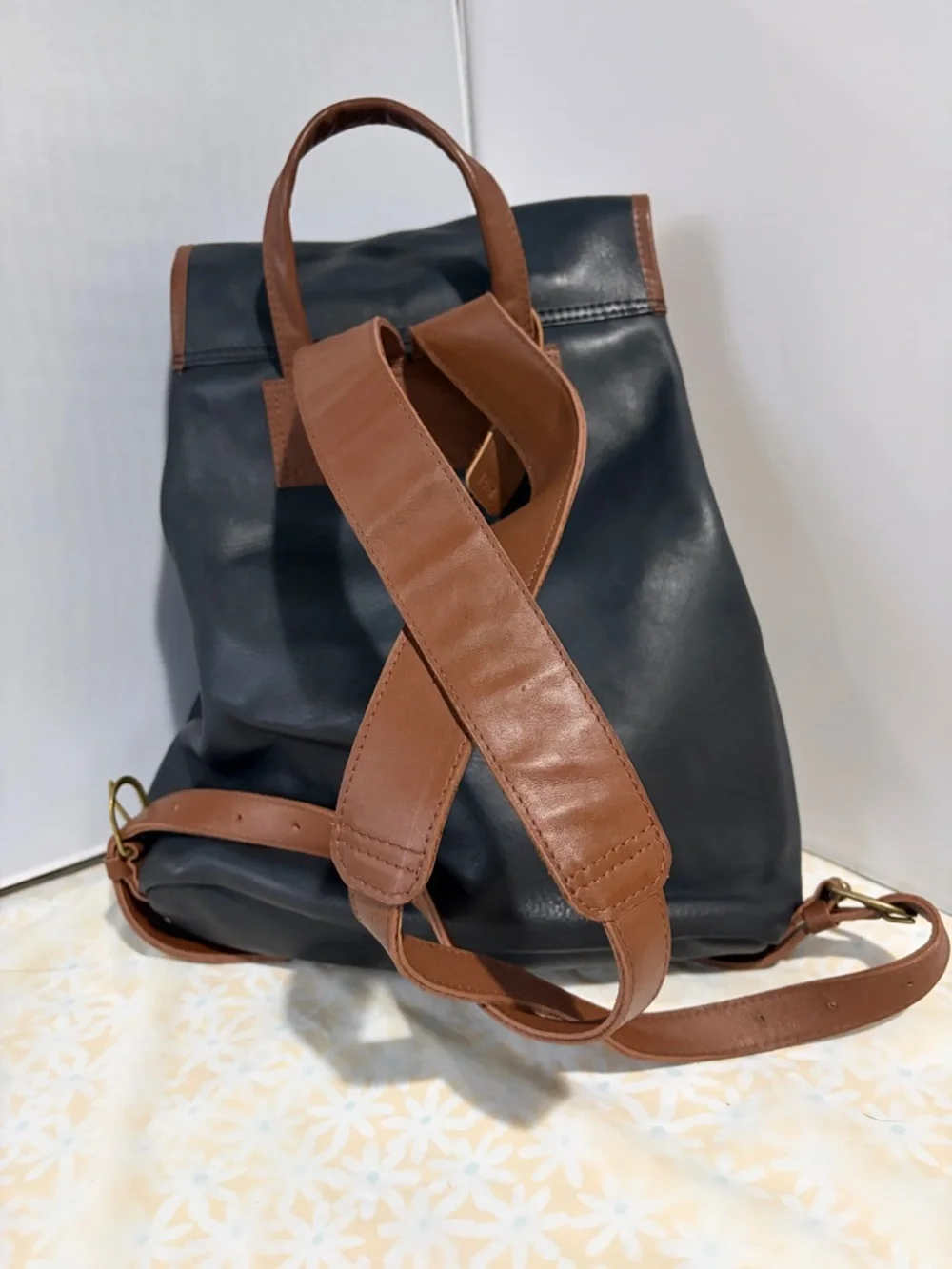 Men's Black and Brown Leather‎ Backpack